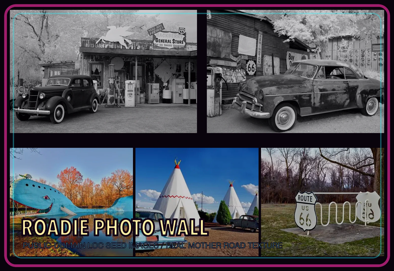 Route 66 public-domain photo wall collage